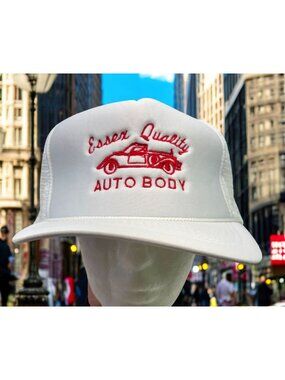 Vintage Essex Quality Auto Body Trucker Hat White Mesh Snapback Red Logo Otto